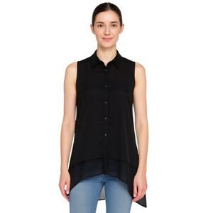 Joan Vass Small Black Sheer Long Tunic Blouse Sleeveless Handkerchief Skirt